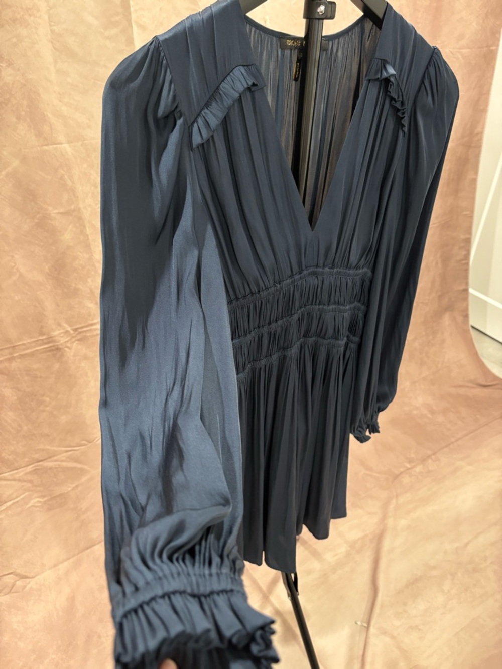Maje Navy Blue V‑Neck Long‑Sleeve Smocked Mini Dress - Picture 6 of 9